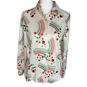 Vintage 70s Abstract Rainbow Polka Dot Disco Collar Button Down Shirt Cream‎